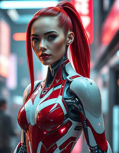 A strikingly beautiful woman with vibrant red hair and cybernetic enhancements dominates the frame. She's clad in a sleek, futuristic white and red suit, her gaze direct and intense. The background is blurred with neon lights, suggesting a bustling, cyberpunk city environment. The art style is highly detailed and digital, emphasizing a blend of human and technological elements.