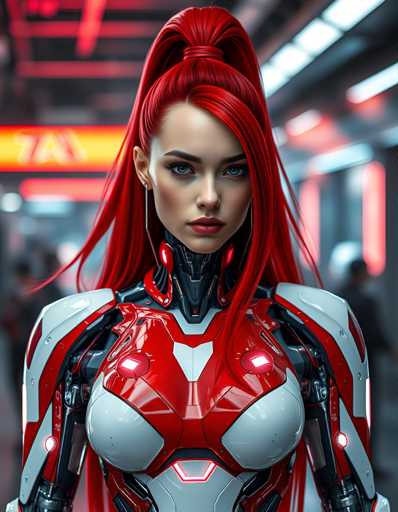 The image shows a woman with red hair and a futuristic outfit standing in front of a train station. She is wearing a white bodysuit with black accents and has her hair styled in an updo. The background features a train track and a neon sign that reads "7A".