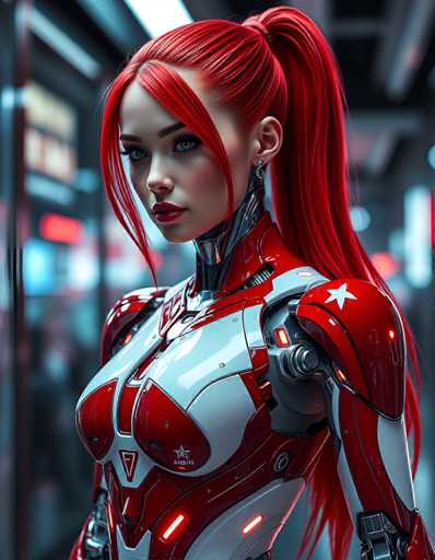 A detailed, high-quality digital painting of a futuristic cyborg woman in a red and white armored suit. She has vibrant red hair styled in a high ponytail, with sharp, angular features and piercing blue eyes. The suit is sleek and metallic, with glowing red accents highlighting joints and details. She's looking directly at the viewer with a slightly intense expression, her lips subtly parted. The background is blurred, suggesting an urban setting with neon lights and a sense of depth. The overall style is highly detailed and futuristic, emphasizing the character's advanced technological enhancements.