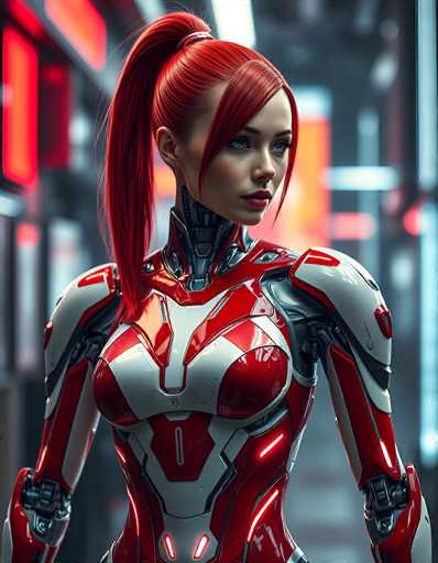A futuristic, highly detailed portrait showcases a woman in a sleek, red and white robotic suit. She has vibrant red hair in a high ponytail and piercing blue eyes, gazing intently. The background is blurred with neon lights, creating a cyberpunk aesthetic. The focus is on the woman's detailed armor and expressive face.
