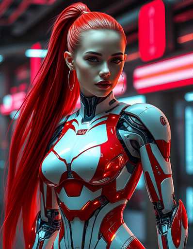 A striking, photorealistic image features a woman with vibrant red hair styled in a high ponytail, clad in a futuristic white and red robotic suit. She gazes directly at the viewer with intense eyes, set against a blurred, neon-lit cyberpunk background. The art style is highly detailed and digitally rendered, emphasizing the sleek, metallic texture of the suit.