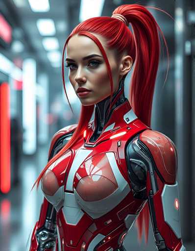 A striking, photorealistic portrait features a woman in a futuristic red and white power suit. She's positioned centrally, gazing intently forward, with her vibrant red hair styled in a high ponytail. The background is blurred, suggesting a modern, possibly industrial setting with glowing neon lights. The art style is highly detailed and digitally rendered, emphasizing a sleek, technological aesthetic.