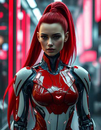 A striking, futuristic cyborg woman with vibrant red hair commands attention in a close-up portrait. She's clad in a sleek, red and white armored suit with glowing accents, her gaze direct. The background is blurred, hinting at a neon-lit cityscape, creating a dynamic and technologically advanced atmosphere. The art style is highly detailed and digital, emphasizing sharp lines and vibrant colors.
