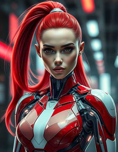 The image shows a close-up portrait of a woman with red hair styled into an elegant ponytail and wearing a futuristic suit that is predominantly silver and red in color. The background features a cityscape with buildings illuminated by neon lights, creating a striking contrast against the dark sky.