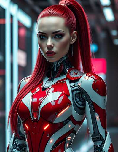 A striking, futuristic cyborg woman with vibrant red hair and glowing blue eyes dominates the frame. She's clad in a sleek, white and red armor suit with glowing accents, her gaze direct and intense. The background is a blurred cityscape of neon lights, emphasizing the character's central presence in this cyberpunk-inspired digital art piece.