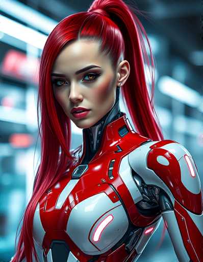 A striking, close-up portrait of a woman in a futuristic red and white cybernetic suit dominates the frame. Her vibrant red hair is styled in a high ponytail, contrasting with her intense gaze and detailed, realistic rendering. The art style is highly detailed and digital painting-like, emphasizing a blend of human and technological elements.