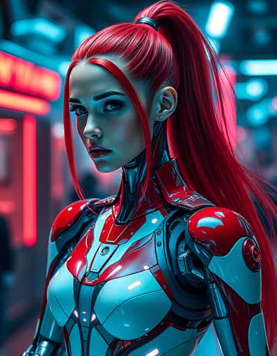 A strikingly beautiful, red-haired cyborg woman dominates the frame, her metallic body gleaming with a futuristic design. She gazes intently, her expression serious. The background is blurred neon lights, creating a cyberpunk atmosphere. The art style is highly detailed and digitally rendered, emphasizing the character's advanced technological nature.