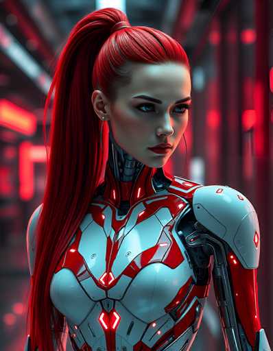 A strikingly beautiful, red-haired woman in a futuristic, white and red cybernetic suit dominates the image. She's positioned in profile, gazing intently with piercing blue eyes. The background is a blurred, neon-lit industrial setting, emphasizing the character's advanced, technological design. The art style is highly detailed and digital, with a focus on sharp lines and vibrant lighting.