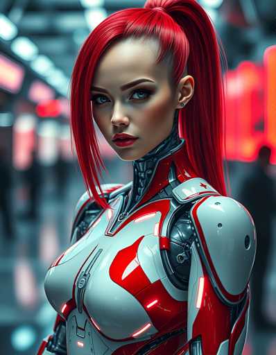 The image shows a close-up portrait of a woman with red hair styled into a ponytail and wearing a futuristic white and red suit that appears to be made of metal or plastic. The background is blurred, suggesting an urban setting such as a city street lined with buildings and neon lights.