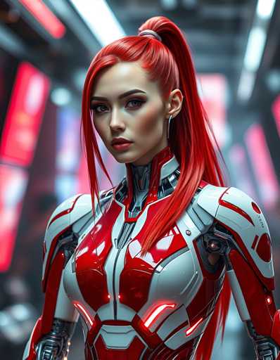 A woman with red hair styled in a ponytail and wearing a futuristic red and white suit is the central figure in this image. The background features a blurred cityscape of buildings and neon lights, creating an urban atmosphere that contrasts with the woman's futuristic attire.