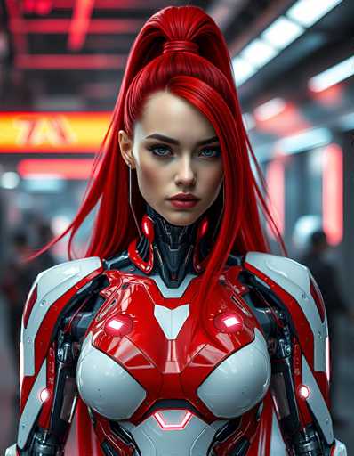 A detailed, high-quality digital painting of a futuristic cyborg woman. She has long, vibrant red hair styled in a high ponytail, with glowing blue eyes and a serious expression. She's wearing a sleek, white and red cybernetic suit with intricate mechanical details, including glowing red accents. The background is a blurred, futuristic industrial setting with neon lights and hints of other figures in the distance. The overall lighting is dramatic, highlighting her face and the details of her suit. The style is highly detailed and realistic, emphasizing the blend of human and mechanical elements.