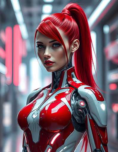 A detailed, high-quality digital painting of a futuristic cyborg woman. She has vibrant red hair styled in a high ponytail, with the hair having subtle highlights and a glossy texture. Her skin is fair, and her eyes are a striking blue with a slightly intense gaze directed towards the viewer. She is wearing a sleek, red and silver cyborg suit with intricate mechanical details, including glowing white accents. The suit appears to be a combination of organic and metallic elements, with visible joints and panels. 

The background is blurred but suggests a futuristic industrial setting with soft, diffused lighting and hints of red neon lights. The overall style is highly detailed and realistic, with a focus on the character's expression and the intricate design of her cyborg attire. The lighting is soft yet dramatic, highlighting the contours of her face and the metallic surfaces of the suit. The image has a slightly cyberpunk aesthetic, emphasizing advanced technology and a futuristic atmosphere.