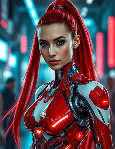 The image depicts a woman with long red hair wearing a futuristic red and white suit that appears to be made of metal or plastic. The suit has a distinctive design featuring a large helmet on the head and a body armor-like structure covering most of her upper body. She is standing in front of a building, which serves as the backdrop for this striking image.