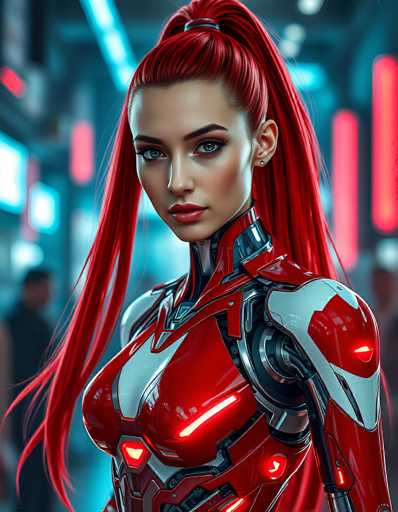 A stunning, hyperrealistic digital painting of a futuristic cyborg woman with vibrant red hair styled in a high ponytail. She's wearing a sleek, red and silver cyborg suit with glowing accents, giving her an advanced, almost ethereal look. Her expression is direct and captivating, looking straight at the viewer with piercing blue eyes. The background is a blurred, neon-lit cityscape, suggesting a futuristic urban environment. The overall lighting is dramatic, highlighting the details of her cyborg suit and hair while creating a sense of depth. The style is highly detailed, emphasizing the intricate textures of the metal and the flowing movement of her hair.