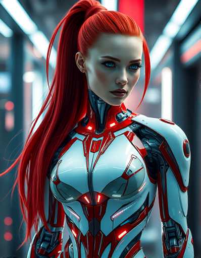 A stunning, hyperrealistic digital painting of a futuristic cyborg woman. She has vibrant, long, flowing red hair styled in a high ponytail, with glowing blue eyes that have a slightly intense gaze. Her body is clad in a sleek, white and red cybernetic suit with intricate geometric patterns and glowing red accents. The suit appears to be a blend of organic and mechanical elements, with visible metallic textures and glowing energy lines. The background is blurred but suggests a futuristic, neon-lit environment with soft blue and red highlights, creating a sense of depth and atmosphere. The overall lighting is dramatic, highlighting the contours of her body and the details of the suit. Her expression is serious yet captivating, drawing the viewer's attention to her intense gaze. The style is highly detailed and polished, emphasizing a futuristic aesthetic with a touch of cyberpunk influence.