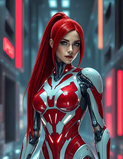 The image depicts a woman with red hair and a futuristic outfit standing against the backdrop of a city street at night. The woman is wearing a white bodysuit with red accents that contrasts with her vibrant red hair. She has long blonde hair styled in an updo, adding to her striking appearance. The background shows buildings illuminated by neon lights, creating a sense of depth and perspective.