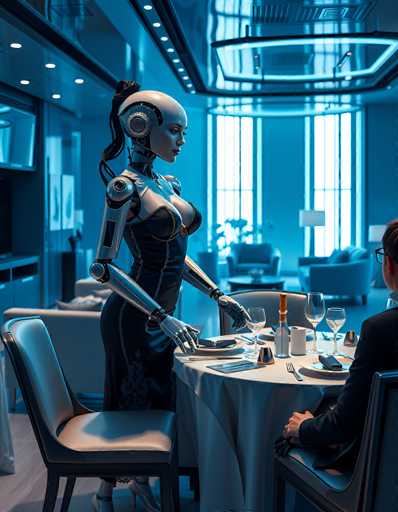 A highly detailed, futuristic scene unfolds in a sleek, modern restaurant. A polished chrome robot, resembling a humanoid server with elegant, articulated arms and a sophisticated head, stands attentively beside a table. The robot is dressed in a form-fitting black gown with intricate silver detailing, and its metallic body reflects the cool blue lighting of the space. 

The robot is meticulously setting a table for two, carefully placing silverware and glasses on a pristine white tablecloth. Its eyes are focused with a gentle intensity, suggesting precision and efficiency. A man in a dark suit sits at the table, looking up with a slight smile, seemingly engaged in a pleasant conversation. 

The background reveals other diners seated at tables, bathed in the soft glow of recessed lighting and illuminated by large windows that offer a glimpse of a bright, futuristic cityscape outside. The overall atmosphere is one of quiet elegance and technological sophistication, highlighting the seamless integration of advanced robotics into a refined dining experience. The color palette is predominantly cool blues and silver tones, enhancing the futuristic aesthetic.