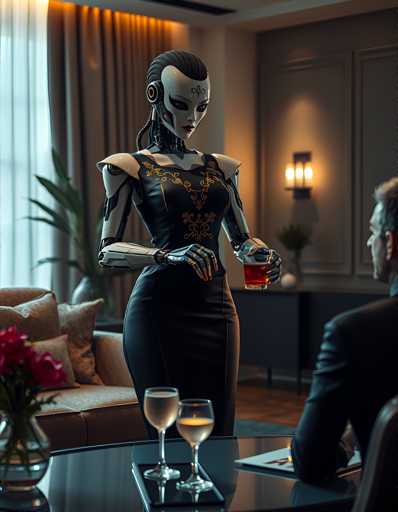 A woman dressed in a black dress with gold accents stands at a table holding a glass of wine and a plate of food. The room is tastefully decorated with a large window that lets in natural light, casting long shadows on the walls. A man sits at another table across from her, engaged in conversation.