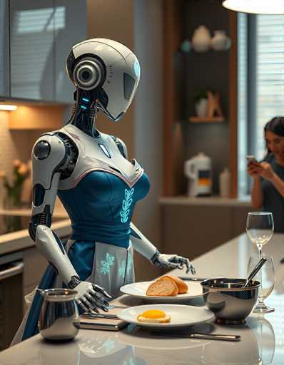 A highly detailed, realistic image of a humanoid robot serving breakfast in a modern kitchen. The robot is primarily white and silver, with blue accents on its apron-like garment. It has a smooth, rounded head with large, expressive eyes and articulated arms holding plates of toast and an egg. The kitchen is bright and clean, with a marble countertop, stainless steel appliances, and a glimpse of a person in the background using a smartphone. The lighting is soft and diffused, creating a calm and futuristic atmosphere. The robot's posture suggests it is carefully presenting the breakfast to someone off-camera, highlighting its role as a helpful domestic assistant. The overall style is clean and polished, emphasizing the advanced technology of the robot while maintaining a warm and inviting setting.