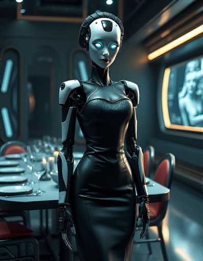 A sleek, humanoid robot stands in a futuristic dining area, dressed in a form-fitting black dress. The scene is dimly lit with neon accents, highlighting the robot's glowing blue eyes and polished metallic body. The spatial relationship places the robot centrally, with a blurred background of tables and chairs suggesting a spacious, modern setting. The art style is highly detailed and digital, emphasizing smooth curves and sharp lines.