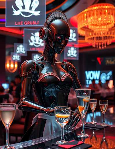 The image depicts a futuristic bar scene with a robot bartender serving drinks. The robot is dressed in black and white attire, holding a tray of glasses filled with various beverages such as champagne and cocktails. The bar counter has several wine glasses and cups on it, along with other decorations that contribute to the overall ambiance of the space.