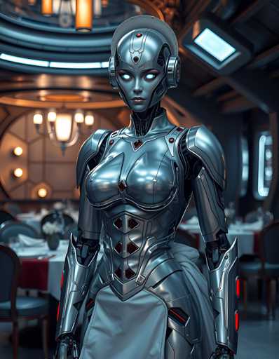 A woman dressed as a robot stands in front of a restaurant with a red tablecloth and white chairs. She is wearing a silver suit that includes a helmet on her head and a necklace around her neck. The background features a large window and a chandelier hanging from the ceiling, creating an atmosphere of elegance and sophistication.