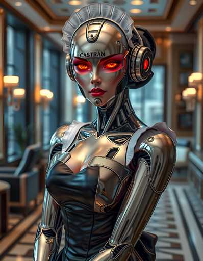 A woman with red eyes and a futuristic silver robot suit is standing in front of a window that offers a view of the city skyline. The room has a high ceiling and large windows that allow natural light to flood in, creating an atmosphere of modernity and elegance.