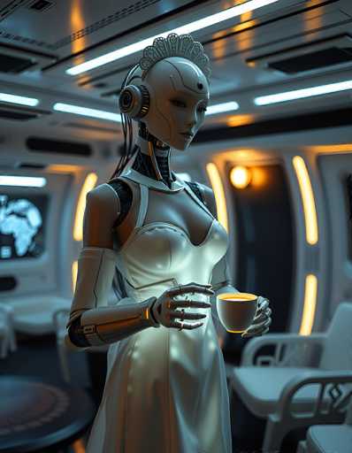 A sleek, humanoid robot in a white dress stands in a futuristic, dimly lit space station cafe. The robot holds a steaming cup, its metallic form contrasting with the soft glow of neon lights and the blurred background. The art style is a blend of retro-futurism and polished realism, emphasizing smooth surfaces and subtle lighting.