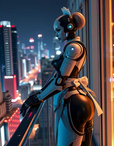 A woman dressed as a robot stands on a balcony at night, gazing out over the city skyline with tall buildings and bright lights illuminating the scene below.