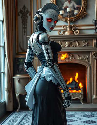 A sleek, silver robot butler stands in a richly decorated room with a roaring fireplace. The art style is highly detailed and realistic, emphasizing the robot's polished metallic form and elegant black dress. The spatial relationship places the robot as the central focus, with a warm, intimate setting creating an intriguing atmosphere.