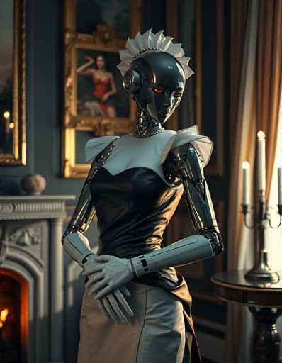 A sleek, chrome robot butler in a vintage maid uniform stands poised in an opulent room. The art style is highly detailed and photorealistic, emphasizing the robot's polished metallic form and elegant attire. The spatial relationship places the robot centrally, with a fireplace, painting, and table creating a sophisticated backdrop.