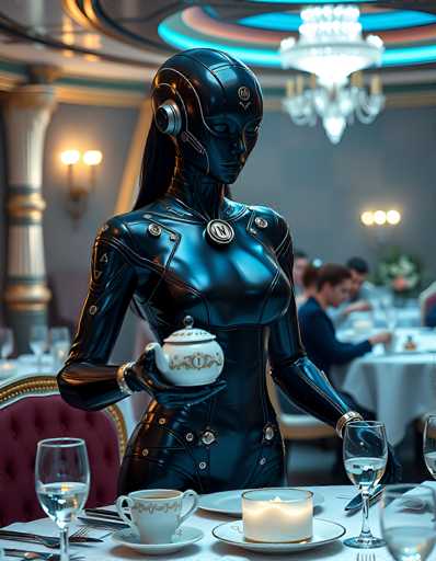 A highly detailed, photorealistic image of a futuristic humanoid robot serving tea in an elegant dining setting. The robot is predominantly black, with a sleek, polished surface and intricate details like metallic accents and glowing blue highlights. It's holding a delicate white teapot with a gold-toned design, offering it to a set of fine china cups on a pristine white table. The robot's head is adorned with futuristic headphones and a subtle, expressive face. The background features blurred figures of other diners in the background, suggesting a bustling yet refined atmosphere. Soft lighting illuminates the scene, highlighting the robot's form and the delicate details of the tea service. The overall aesthetic is one of advanced technology, elegance, and a touch of futuristic charm.