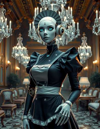 A strikingly elegant, humanoid robot in a vintage maid uniform stands centrally in an opulent, dimly lit room. Ornate chandeliers and antique furniture create a rich, detailed backdrop. The art style is highly stylized, with a focus on intricate textures and dramatic lighting, emphasizing the robot's otherworldly beauty.