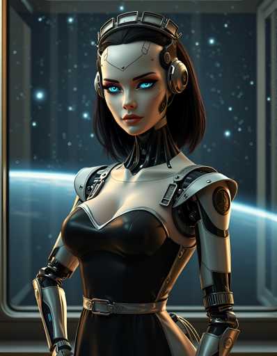 A woman with blue eyes and a black dress stands in front of a window, gazing out at the stars through the glass.