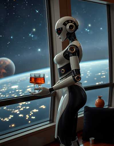 A sleek, humanoid robot stands indoors, gazing at a breathtaking view of Earth and a distant planet through a large window. The robot holds a glass of amber liquid, its metallic form contrasting with the warm glow of the cityscape below. The art style is futuristic and detailed, emphasizing a serene, contemplative atmosphere.