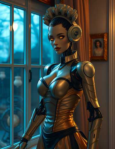 A woman dressed as a robot stands in front of a window with a gold dress and black boots, wearing a crown on her head and holding a sword in her right hand.