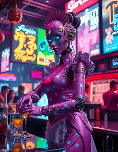 A vibrant, futuristic bar scene with a stylish, anthropomorphic bartender serving drinks. The bartender is a humanoid robot with a sleek, purple and blue outfit adorned with glowing accents and polka dots. She has large, expressive blue eyes and a confident posture as she carefully pours a drink into a stemmed glass. The bar is bathed in neon lights, with colorful signs and holographic displays creating a dynamic atmosphere. Other patrons are visible in the background, adding to the lively ambiance of this futuristic bar. The overall style is a blend of cyberpunk and retro aesthetics, with a focus on vibrant colors and detailed textures.