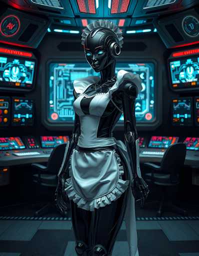 A sleek, chrome android in a futuristic maid uniform stands in a dimly lit, high-tech control room. The spatial relationship places the android centrally, with glowing digital displays and control panels forming a backdrop. The art style is a blend of cyberpunk and retro-futurism, emphasizing sharp lines and neon accents.