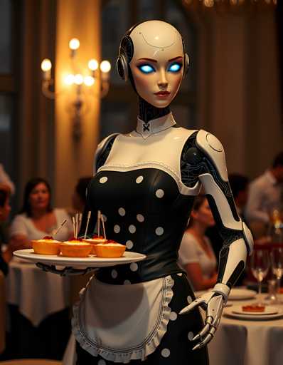 A robot with blue eyes and a white head stands in front of a table holding two plates of food - one plate has a small cupcake on it while the other plate holds a larger cupcake. The background shows people sitting at tables enjoying their meals.