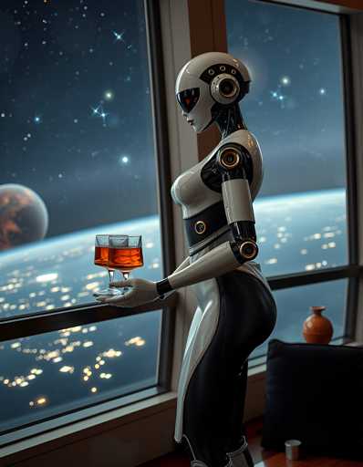 A robot with a white head and black body stands on a windowsill holding an orange drink. The robot is wearing a black and white outfit that matches the color scheme of the room. A window in the background reveals a view of a city skyline at night.