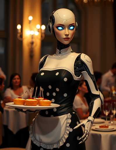 A highly detailed, photorealistic image of a futuristic robot serving food in a dimly lit, elegant dining setting. The robot is primarily white with black polka dots and wears a traditional black and white serving uniform, including a crisp white apron. Its face is smooth and expressive with large blue eyes that glow softly. It holds a white serving tray with several small, colorful cupcakes on it, each adorned with a skewer. The robot's hands are delicate and articulated, showcasing its robotic design. 

The background is softly blurred but suggests a formal dining room with other people seated at tables, warm lighting from chandeliers, and hints of dark table settings. The overall atmosphere is sophisticated and slightly mysterious, emphasizing the contrast between the human-like robot and the elegant setting. The lighting is focused on the robot, highlighting its features and the food it's serving.