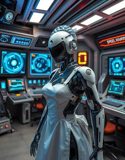 The image shows a robot standing in a room with a futuristic design. The robot is wearing a white dress and has a headset on its head. The room features multiple screens displaying various data and information, suggesting that the robot may be operating within an advanced technological environment or conducting research.