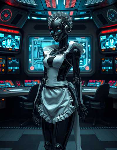 The image depicts a futuristic scene with a robot woman standing in front of a control panel. The robot is wearing a white dress and a headband, giving it an elegant appearance. The control panel behind the robot features various buttons and screens, suggesting that this setting could be a space station or a high-tech facility.