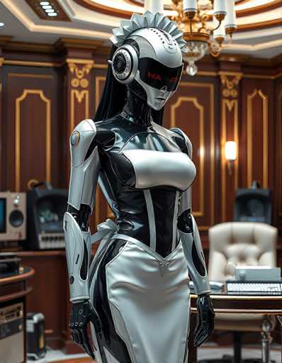 A sleek, chrome-clad android in a futuristic maid outfit stands in an opulent office. The room features dark wood paneling, ornate gold accents, and a vintage-style desk with a keyboard. The android's head is adorned with a decorative, metallic headdress and glowing red eyes, creating a blend of technology and elegance.