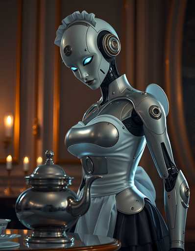 A robot with blue eyes and a white face is standing on a table next to a silver teapot. The robot has a black dress and a white headband.