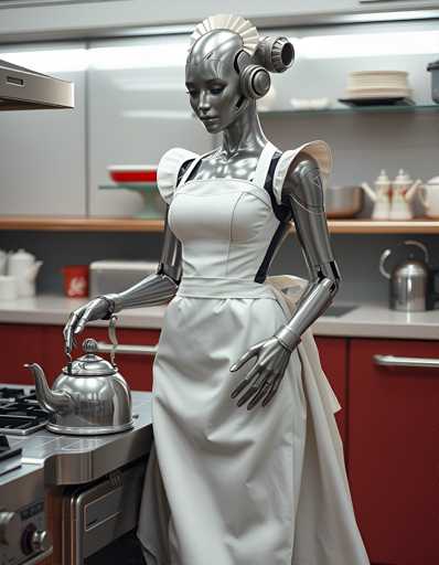 A silver robot with white hair and a white dress stands on a red countertop next to an oven. The robot is holding a teapot over the stove.