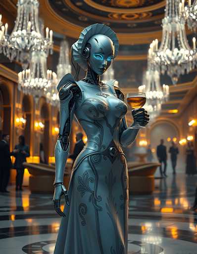A sleek, silver robot in a formal gown stands elegantly in a lavish, ornate ballroom. The art style is highly detailed and futuristic, with soft lighting highlighting the robot's intricate design and glowing blue eyes. The spatial relationship places the robot as the central focus, with blurred figures in the background suggesting a grand social gathering.