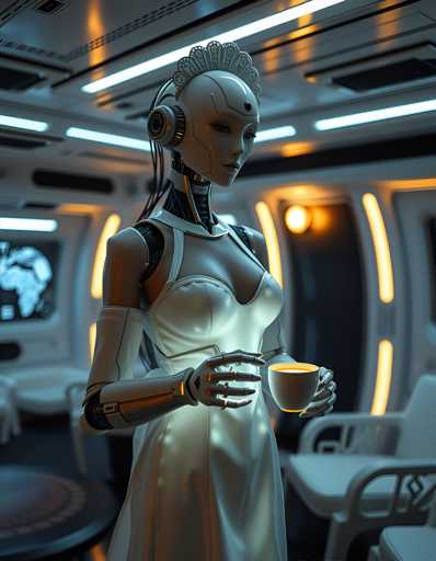 A 3D rendering of a robot with white hair and a crown on its head holding a cup of coffee.
