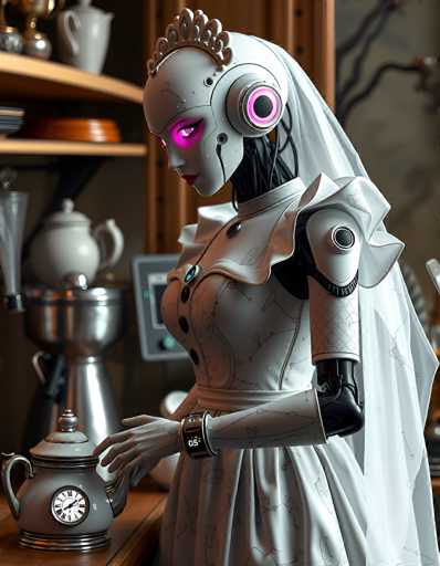 A sleek, silver robot bride in a white wedding gown and veil delicately pours tea from a vintage teapot. The scene is set in a warmly lit, slightly cluttered kitchen with various kitchenware on shelves and a digital display in the background. The art style is detailed, futuristic, and slightly whimsical.