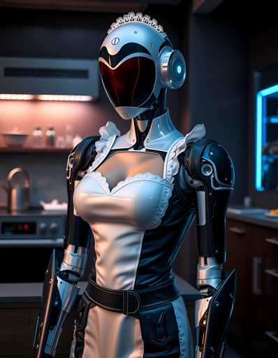 A robot with a white and black dress stands in front of a kitchen counter, holding a knife in its right hand and a spoon in its left hand. The robot is wearing a helmet with a red visor and silver earrings.